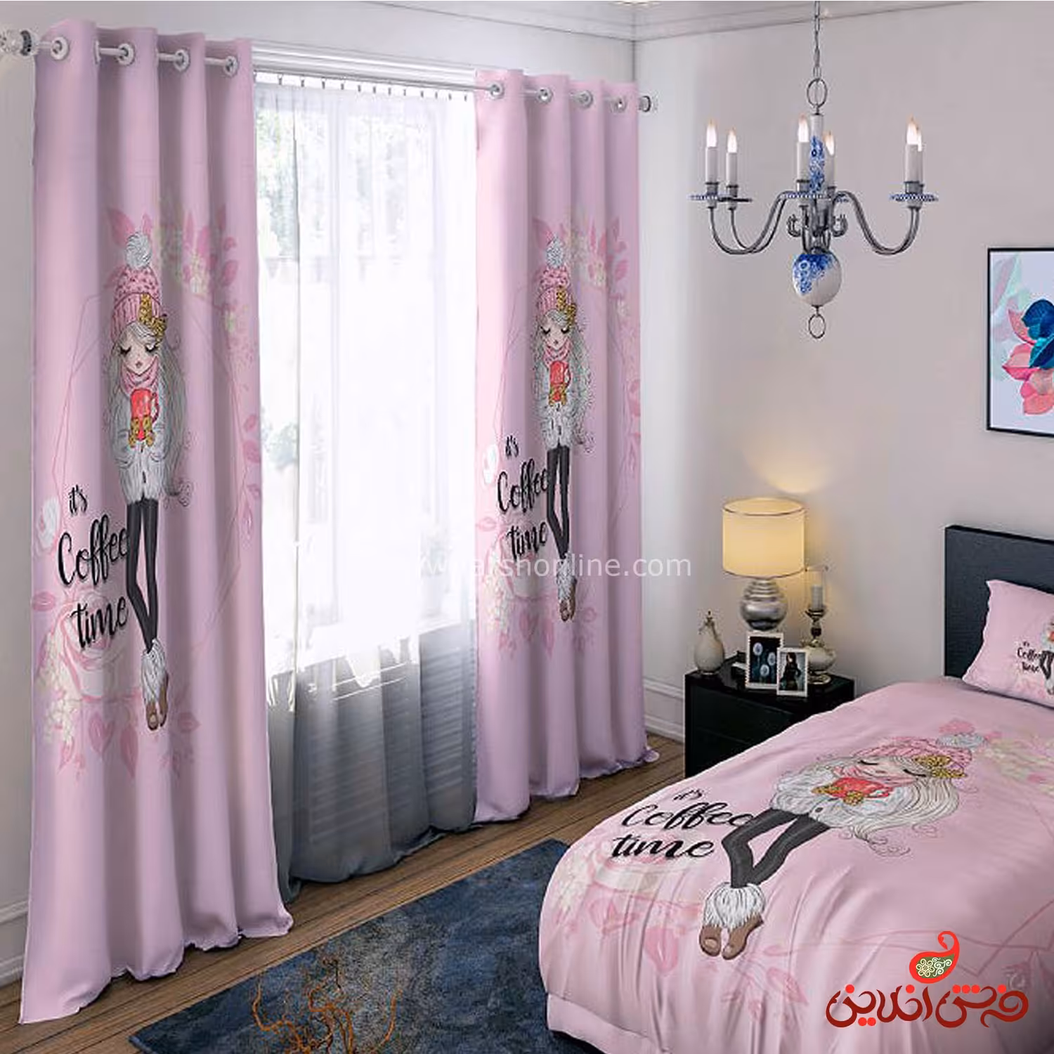 پرده 2 عددی طرح coffe time ( دختر )  کد 15081/1