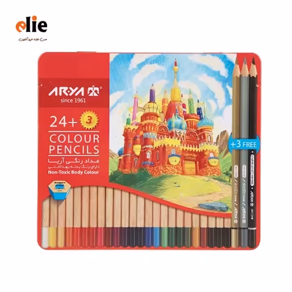 مداد رنگی 3 24 رنگ آریا جعبه فلزی طرح A02
