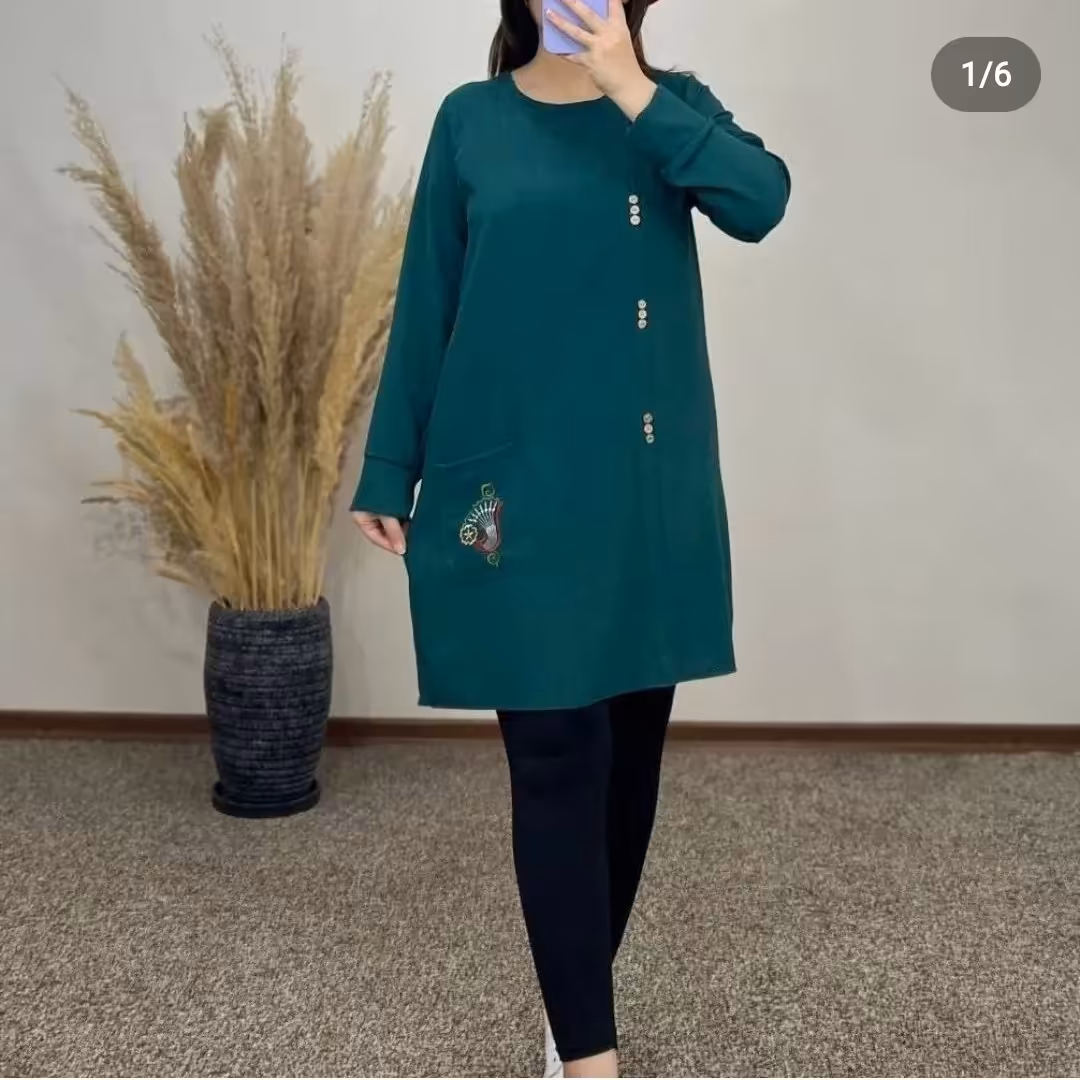 تونیک مانتویی دکمه نما جیب گل دوزی