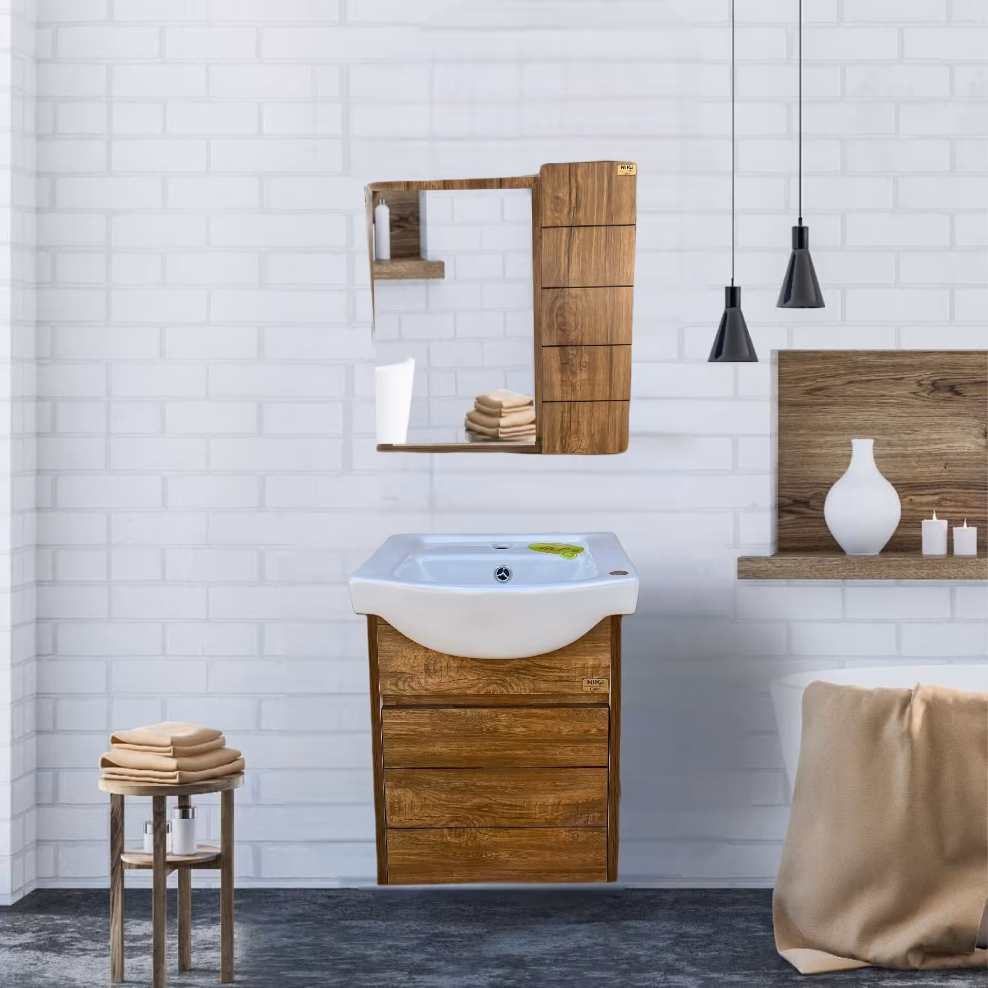 فول ست دیواری طرح چوب با سنگ آلپ مدل 4042 روشویی کابینتی سنگ آینه باکس 