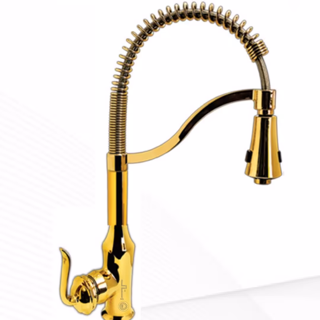 شیرالات شیر ظرفشویی فنری  رنگ طلا جنس درجه 1 واستاندارد و دارای نشان کیفیت ایزو 9001