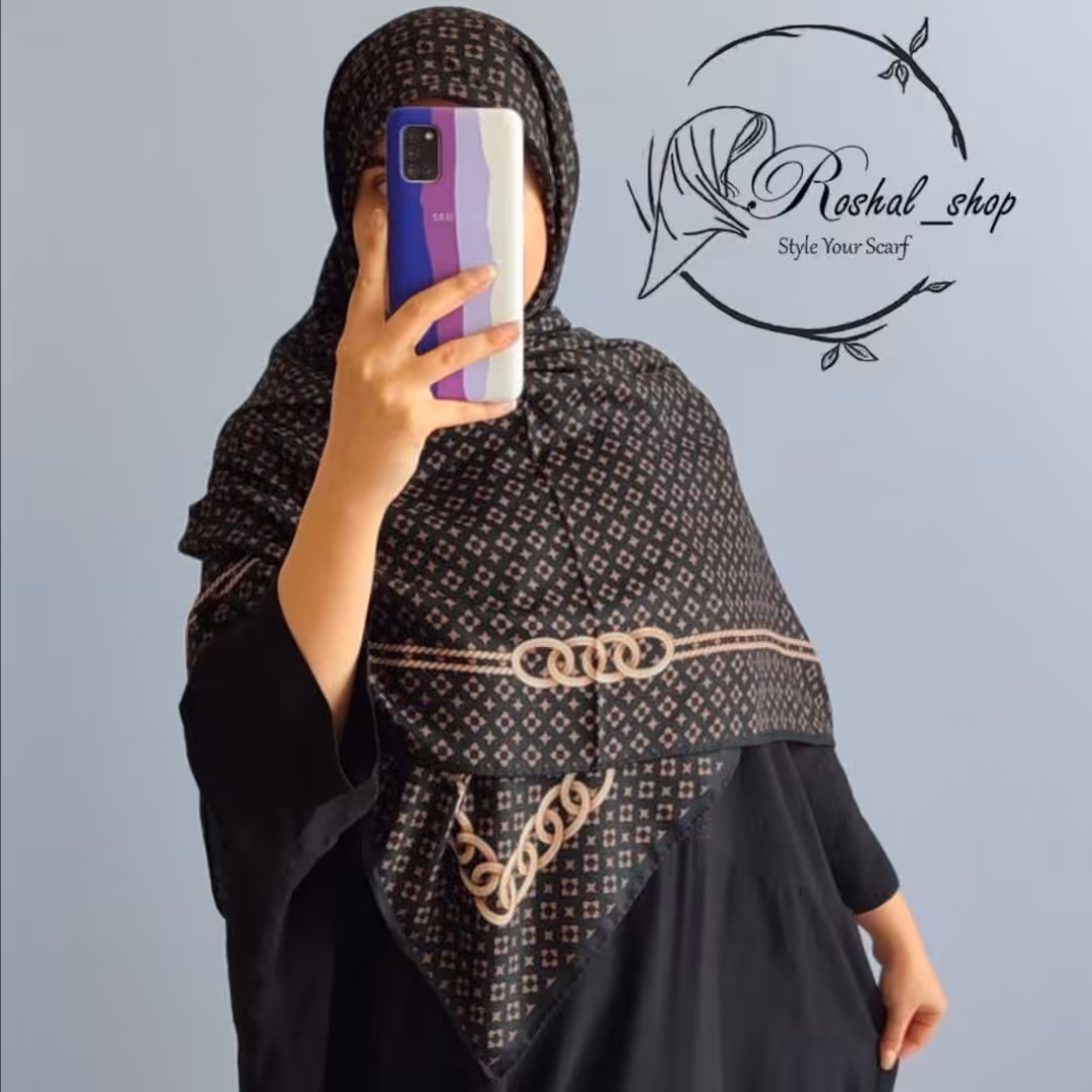 روسری مشکی قهوه ای کرم قواره دار 140 نخ گارزا دور دست دوز