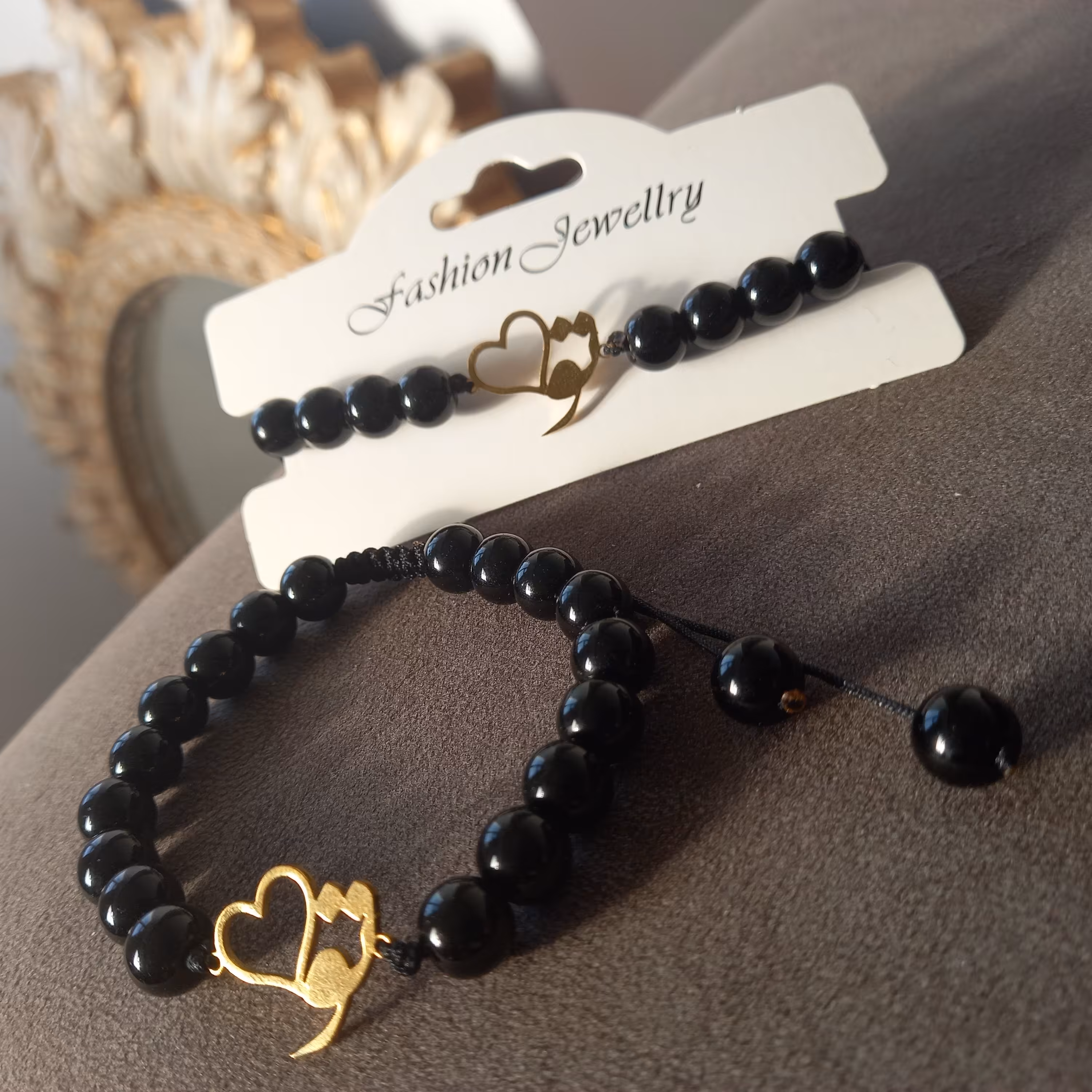 ست دستبند ست تو قلب فانتزی استیل طلایی اونیکس مشکی براق اونیکس سفید براق