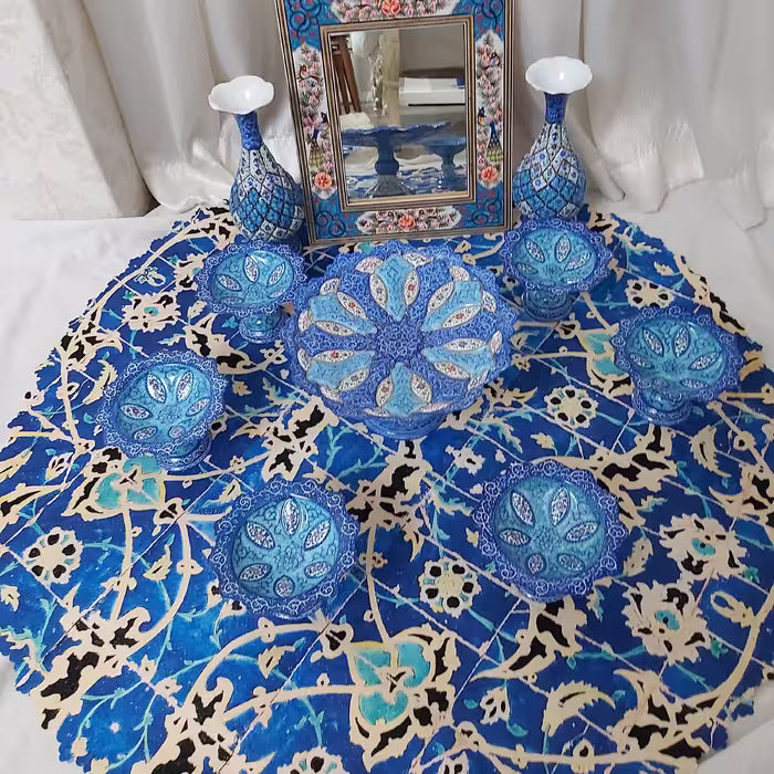 کاسه پایه دار میناکاری 6 تکه طرح زیبای فیروزه با ارتفاع 9وقطر13