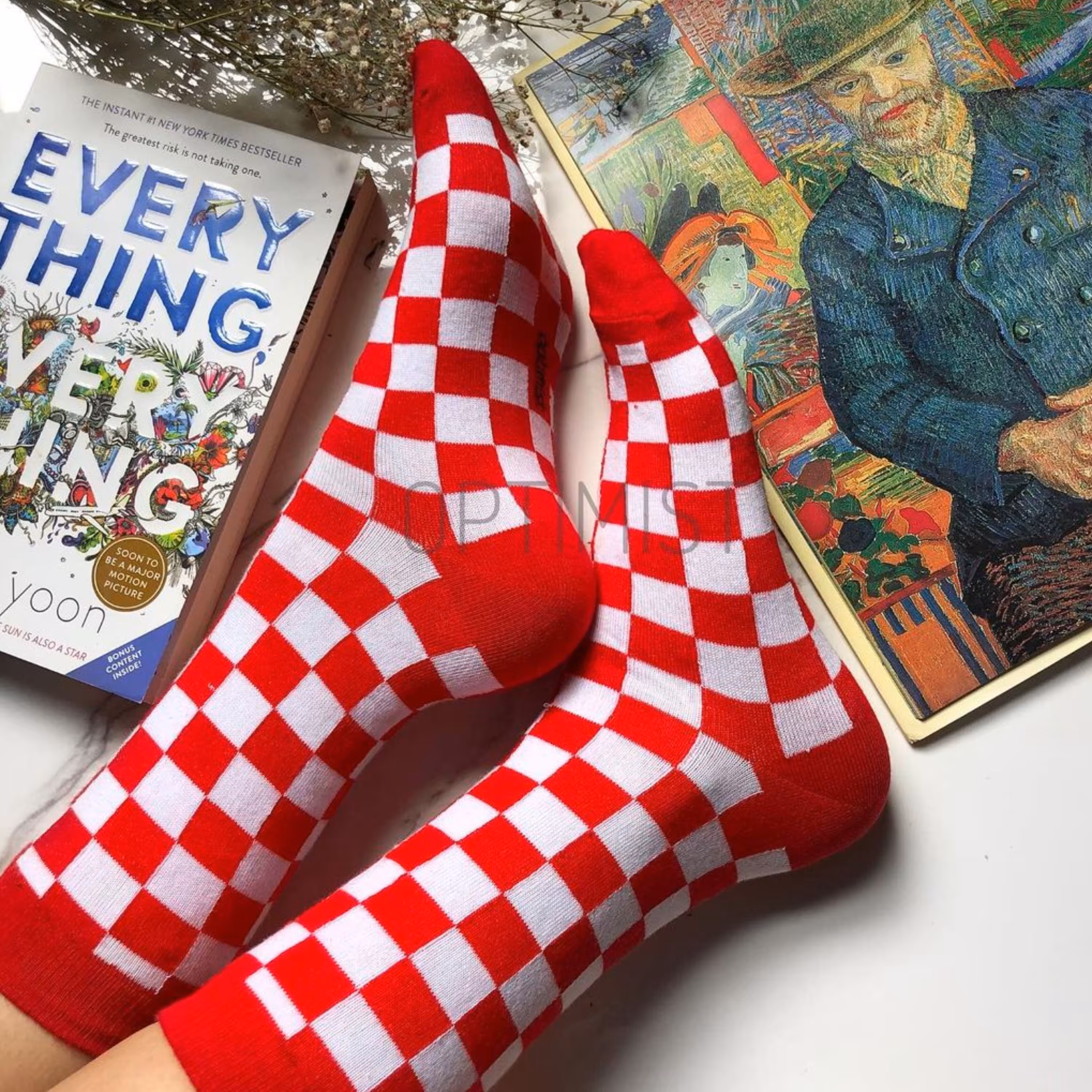 جوراب ساقدار طرح شطرنجی قرمز سفید اسپرت فری سایز