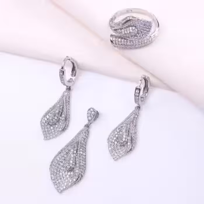 نیم ست نقره طرح گل و برگ نیلوفر عیار 925 کد 16059