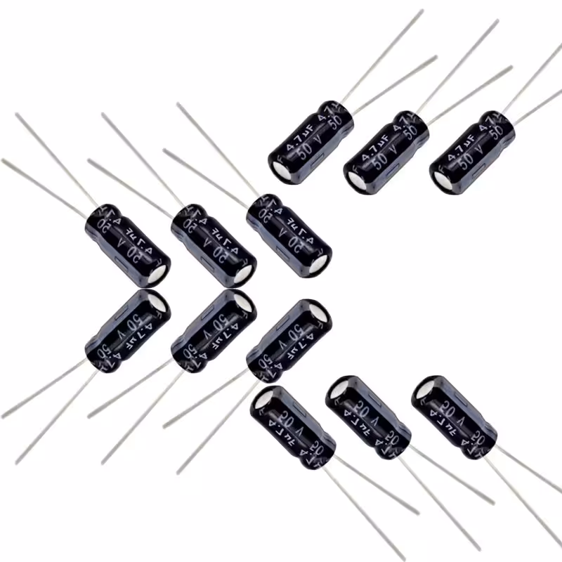 خازن الکترولیتی 4.7 میکروفاراد 50 ولت کد Ca4.7uf-50V بسته 12 عددی