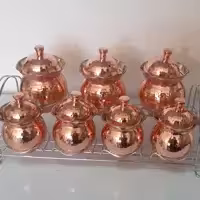 جا ادویه ای مسی پاسماوری 7 تایی، دو طبقه، شکل خمره ای  ، چکشی ، داخل قلع