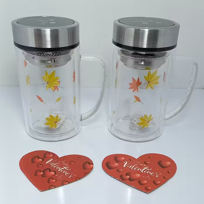 ماگ دمنوش  پیرکس دسته دار  دو جداره صافی دار  300 میل وارداتی اعلا . دمنوش ساز . فلاسک پیرکس . تراول ماگ ، پس کرایه