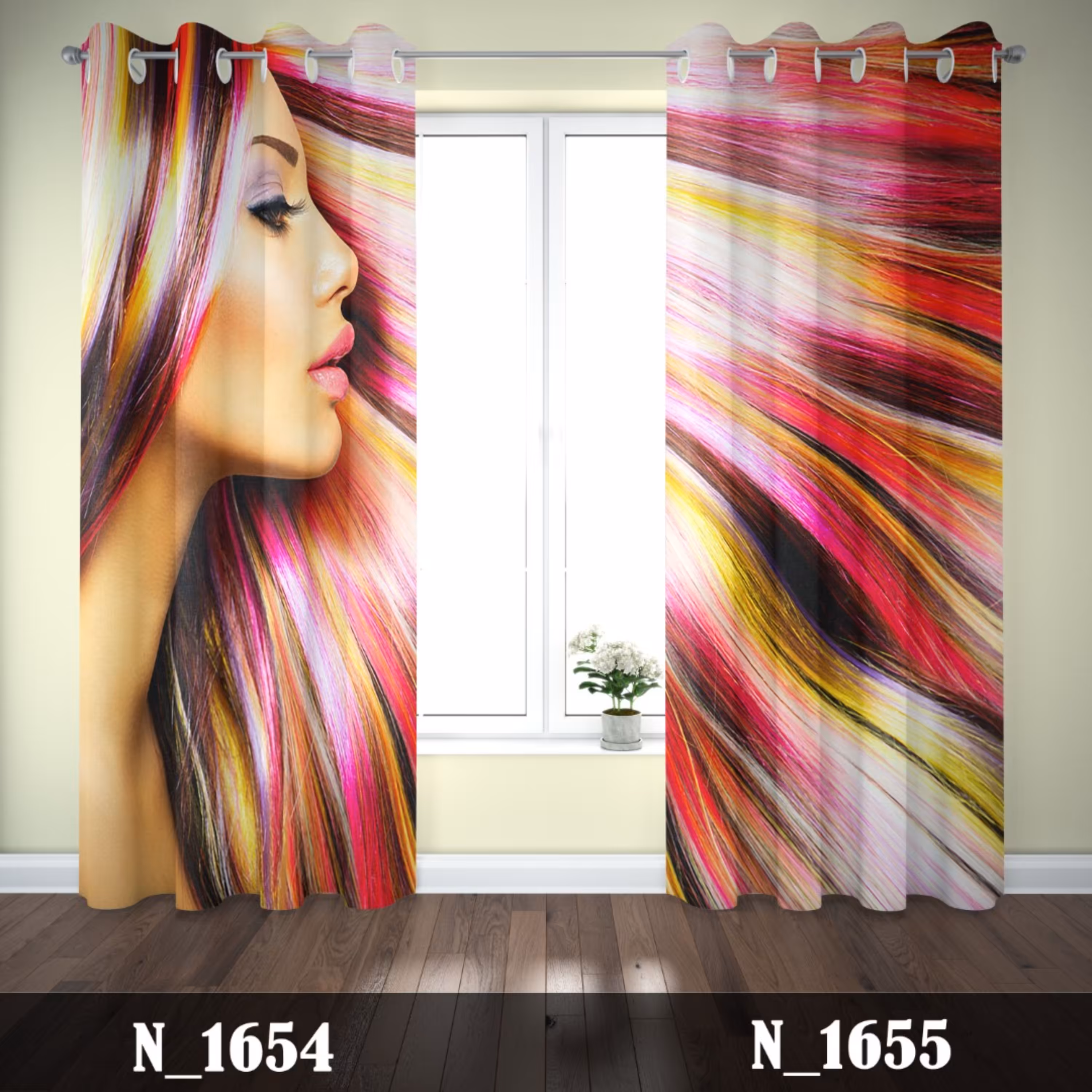 پرده تصویری طرح زن و موی رنگی