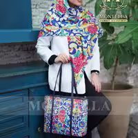 ست شال نخی یا روسری نخی و کیف مخمل جیر برند مونتلا طرح سنتی ارسال به سراسر کشور 