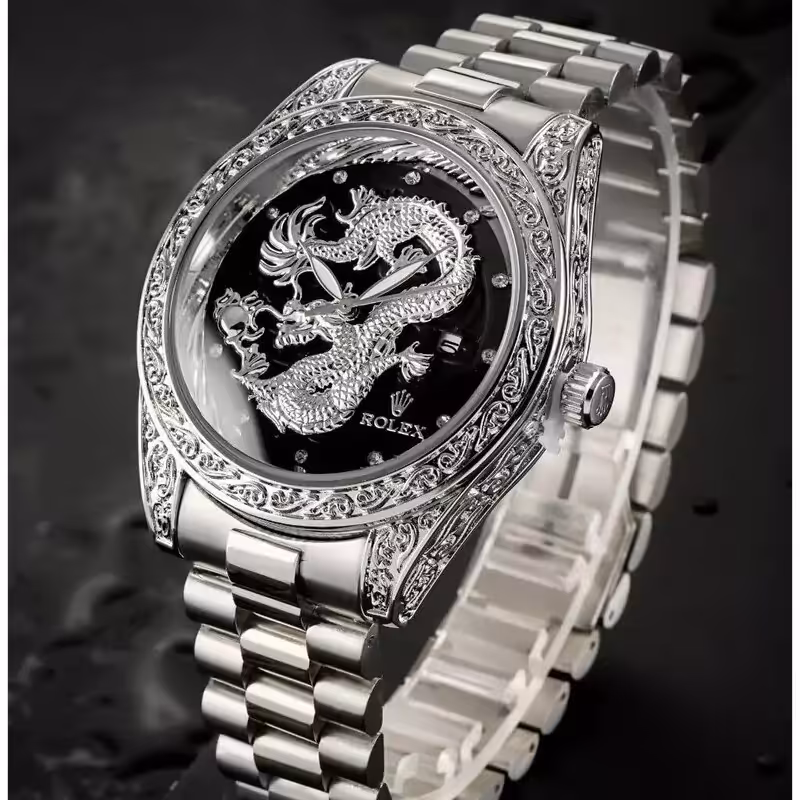 ساعت مردانه بندفلزی رولکس دراگون برجسته قاب حکاکی با ارسال رایگان قفل اصلی تاریخ شمار ضدآب دراگون نقره ای مشکی
