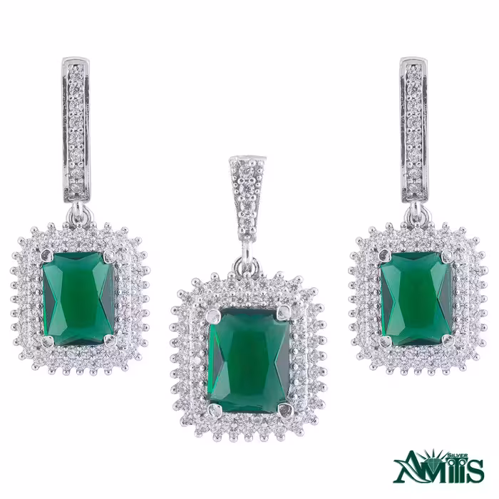 نیم ست نقره زنانه مدل زمرد AMT-N206