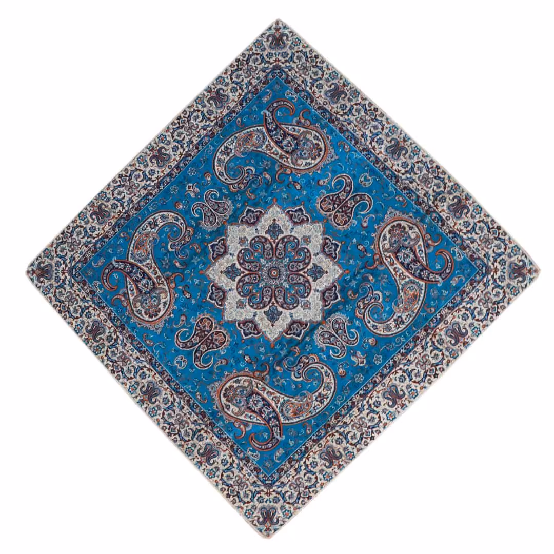 رومیزی ترمه ابریشمی برند هاشمی رنگ فیروزه ای