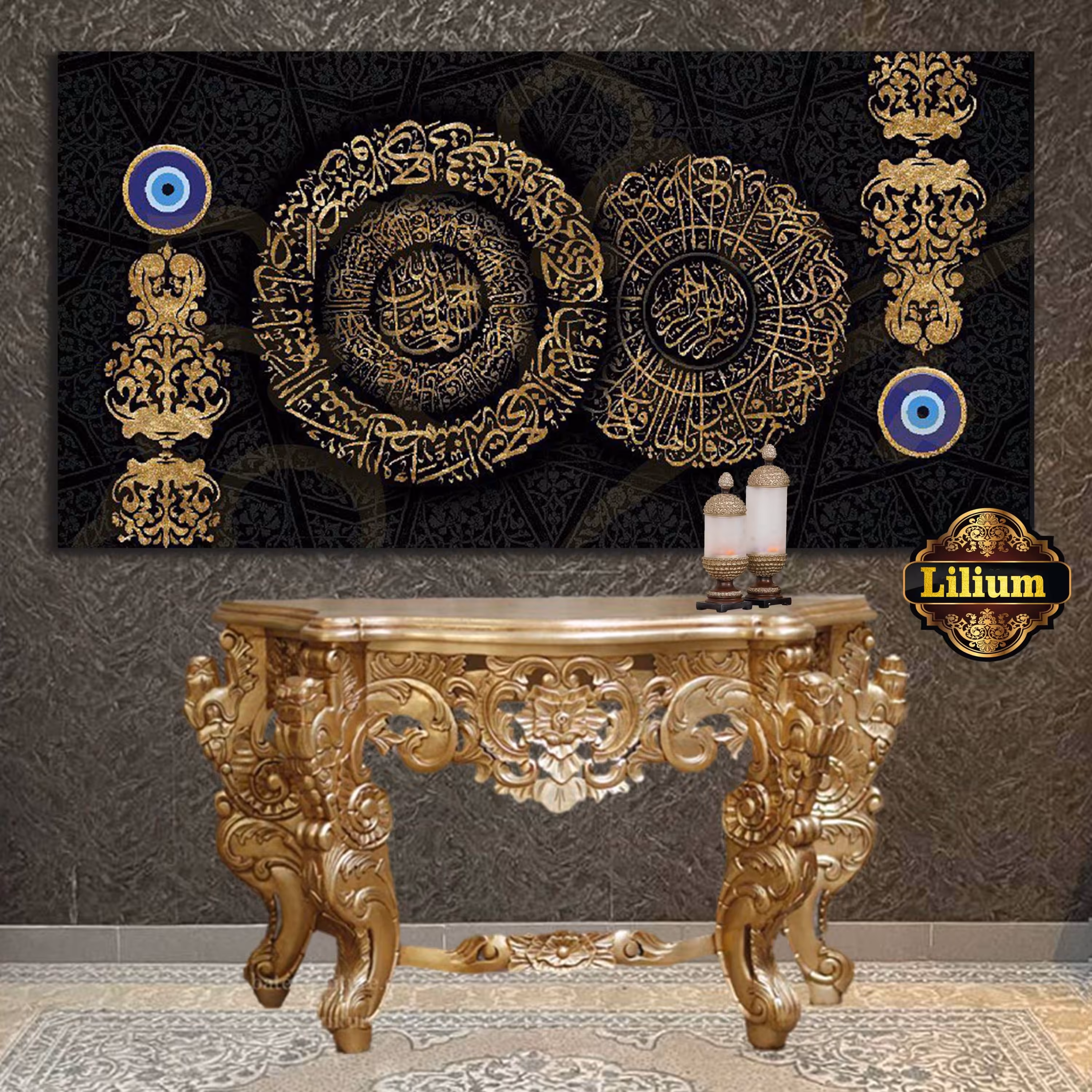 تابلومیکس مدیا روی بوم نقاشی با نگین و ورق طلا سایز 140-70