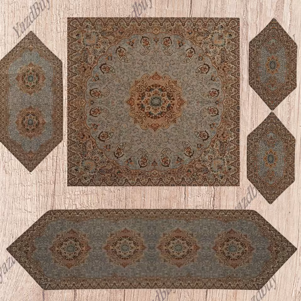 رومیزی ترمه ست 5 تکه طرح نسترن رنگ نسکافه ای 