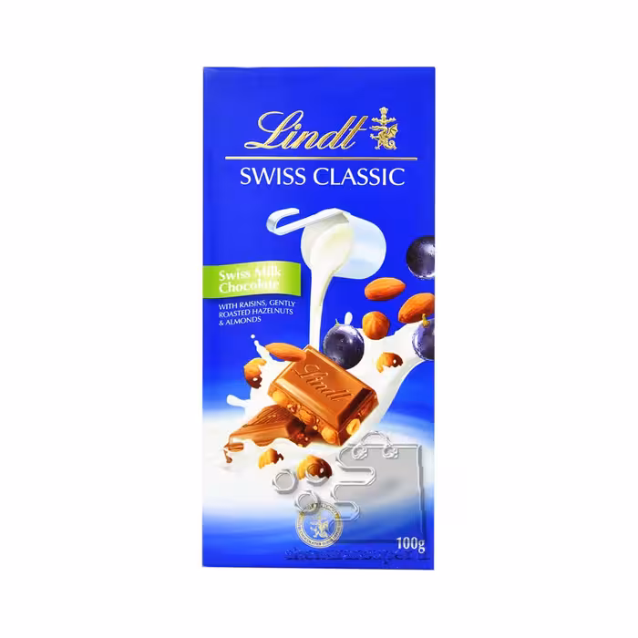 شکلات شیری با بادام ، فندق و کشمش 100 گرم کلاسیک لینت - lindt