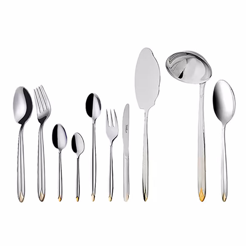 سرویس قاشق و چنگال 24 نفره ناب استیل طرح پالرمو دور طلایی (98 پارچه)