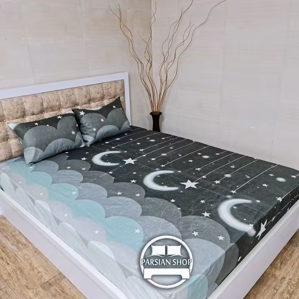 نیم ست ملافه کشدار خوشخواب  روتختی دونفره طرح ماه و ستاره طوسی  3 تکه نخی ( ملافه کشدوز  ) ارزان