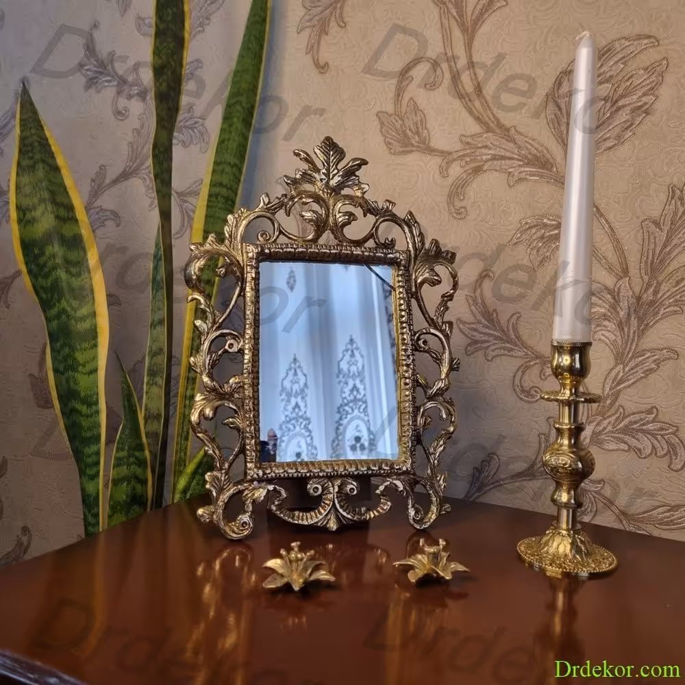 آینه رومیزی و دیواری برنجی برنزی مدل برگی