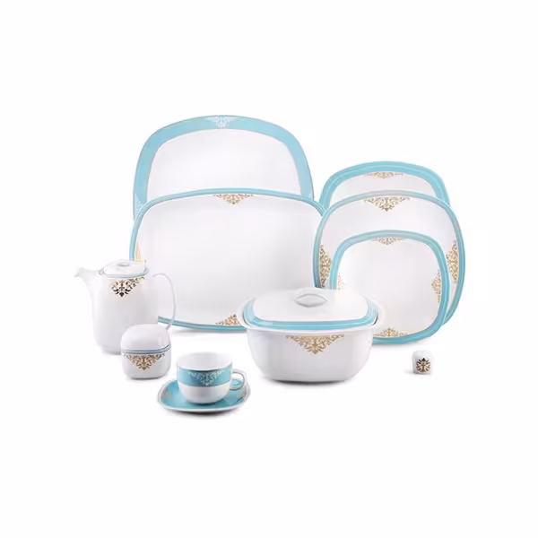 سرویس غذاخوری 98 پارچه چینی زرین مدل آرمیتاژ فیروزه ای