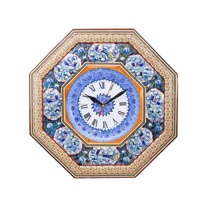 ساعت 8 ضلعی  خاتم کاری مدل گل و مرغ آبی برجسته (18)(گارانتی 120 ماهه)