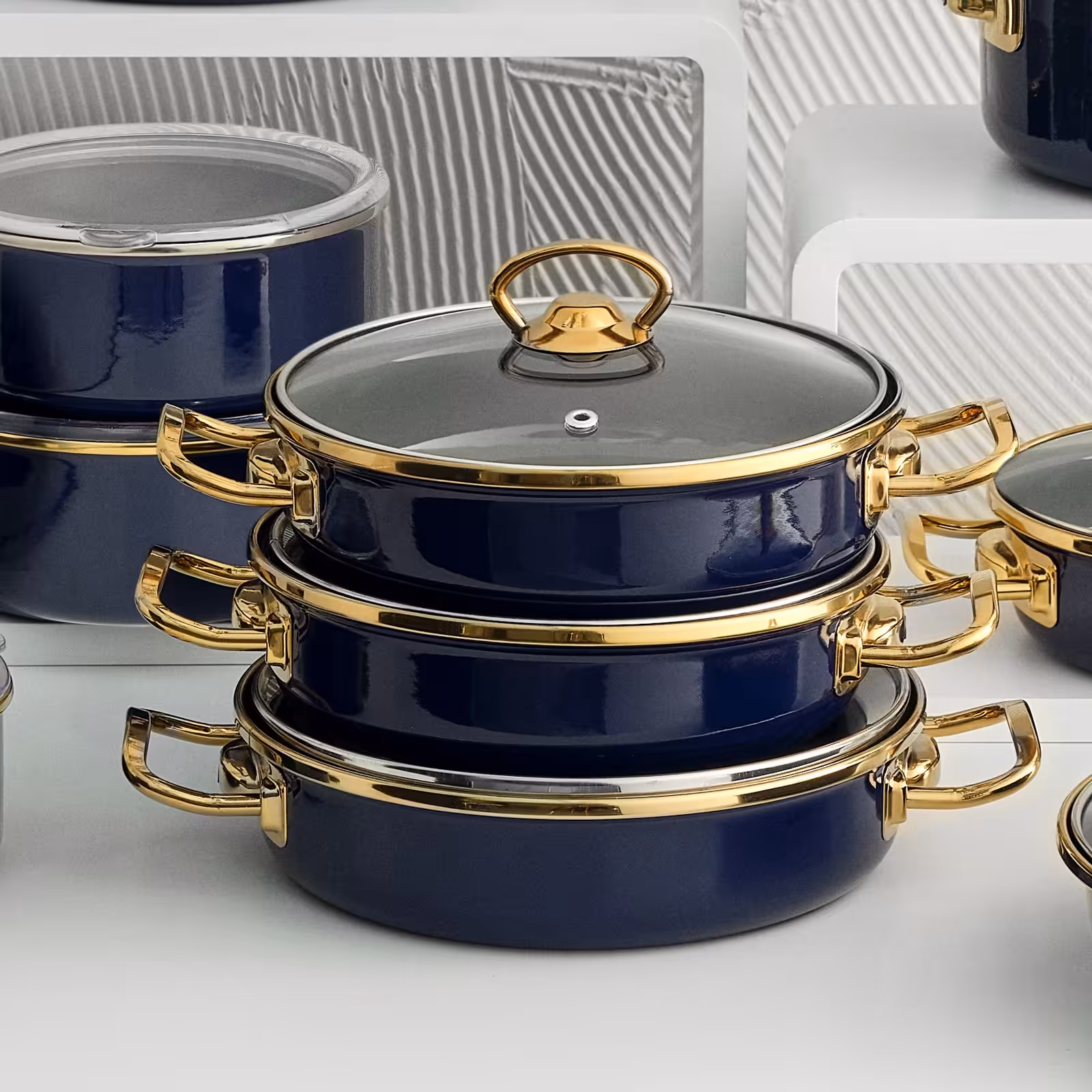 ست ماهیتابه درب دار سه تکه کاراجا رنگ سرمه ای کد 502000170