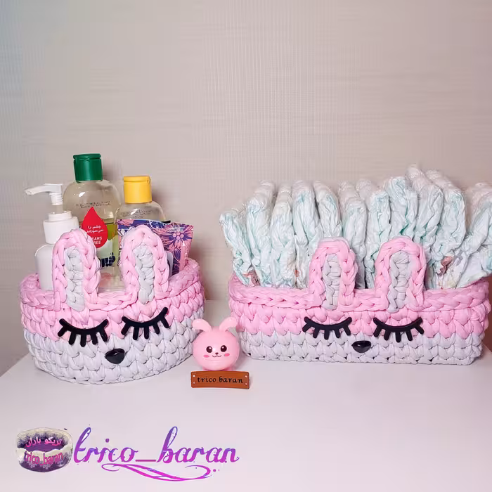 سبد تریکو دو تیکه  طرح خرگوش با رنگبندی دلخواه سایز 15 سانت و سایز 20در13 سانت ارزان تریکوباران