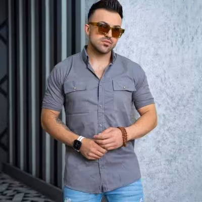 پیراهن کتان دوجیب رنگ طوسی روشن 2 آستین کش