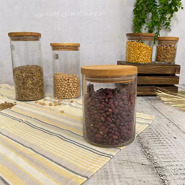 بانکه شیشه ای مدل درب چوبی هرا سایز 3 نیلوفر