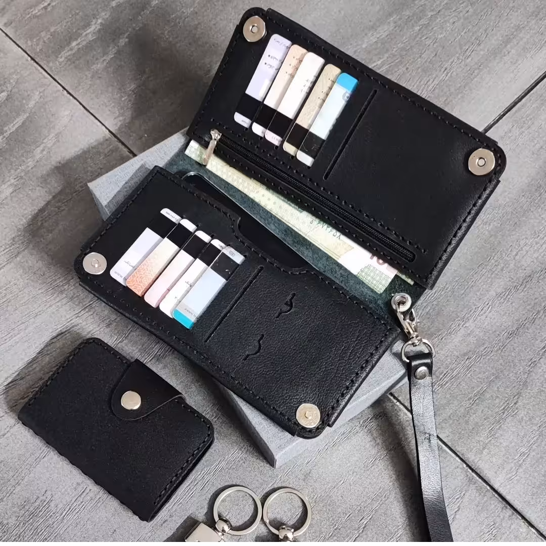 ست کیف پول و جاکارتی چرم طبیعی دست دوز 