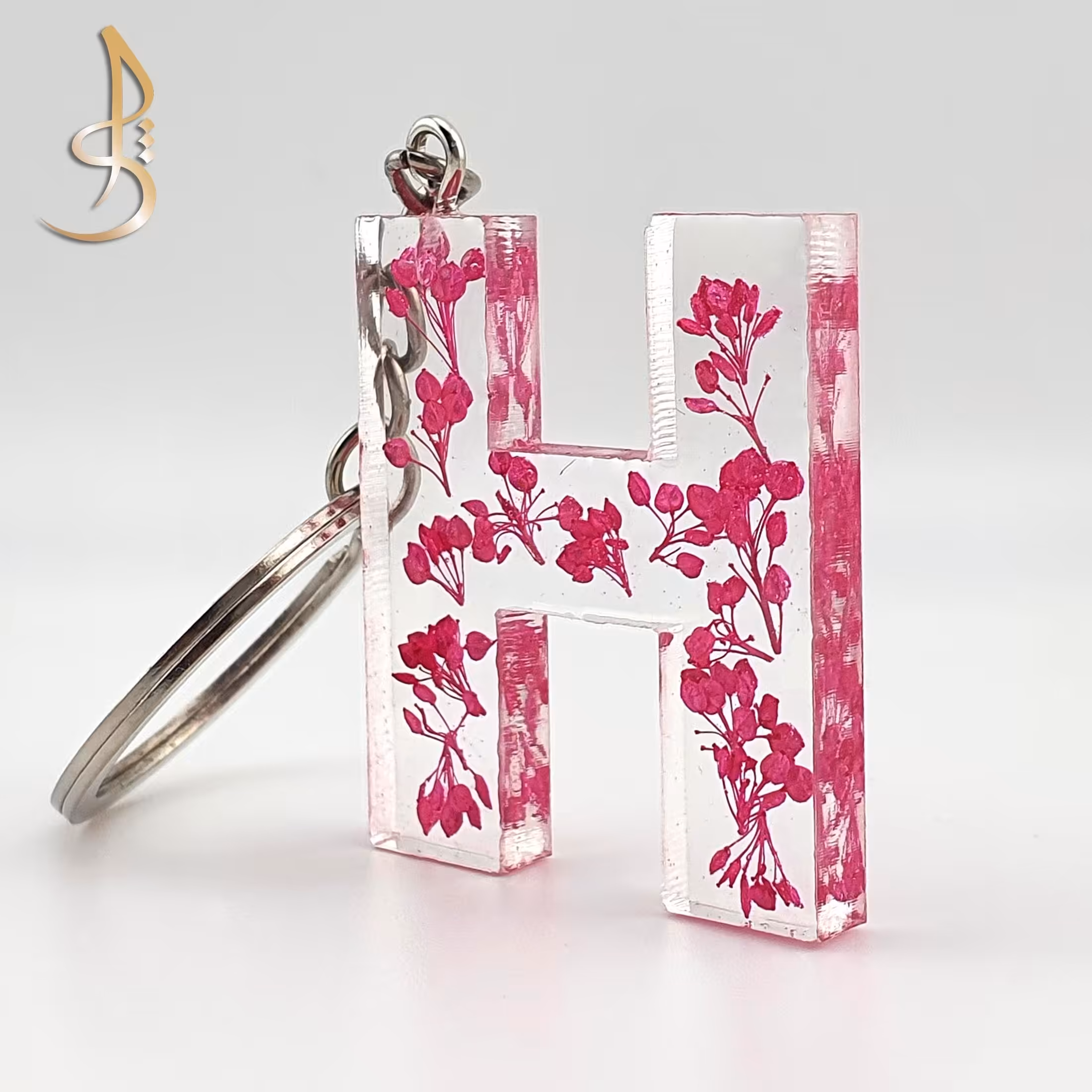 جاکلیدی رزینی حروف انگلیسی حرف H  گل خشک صورتی کد 002