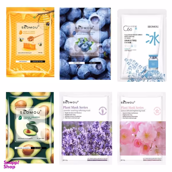 ماسک ورقه ای صورت سیمو مدل عسل، بلوبری، یخ، آووکادو، اسطوخودوس و شکوفه گیلاس مجموعه 6 عددی