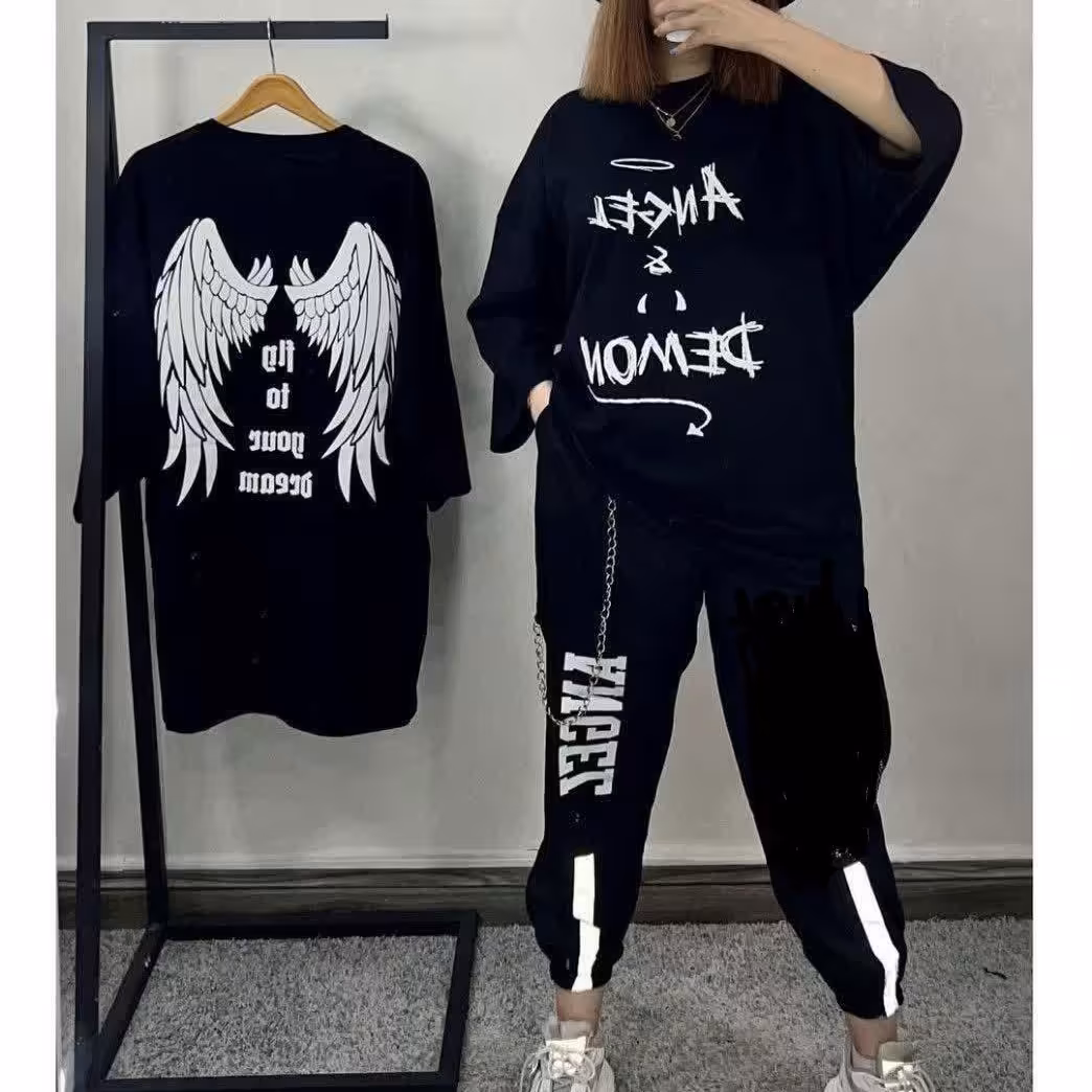 ست تیشرت لانگ و شلوار فرشته جنس اسپانت فلامنت فول کش