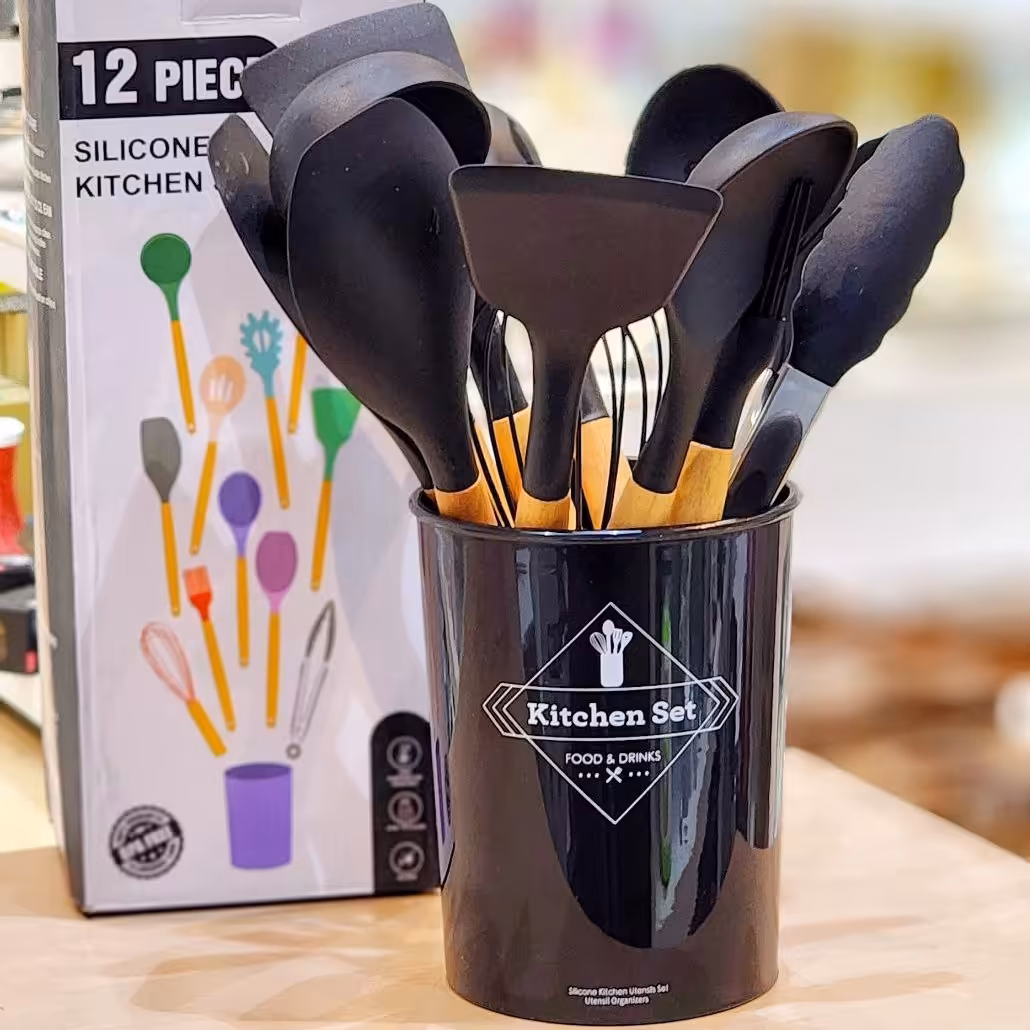 کفگیر ملاقه دسته چوبی سیلیکونی 12 پارچه کیفیت درجه یک.رنگ بندی 