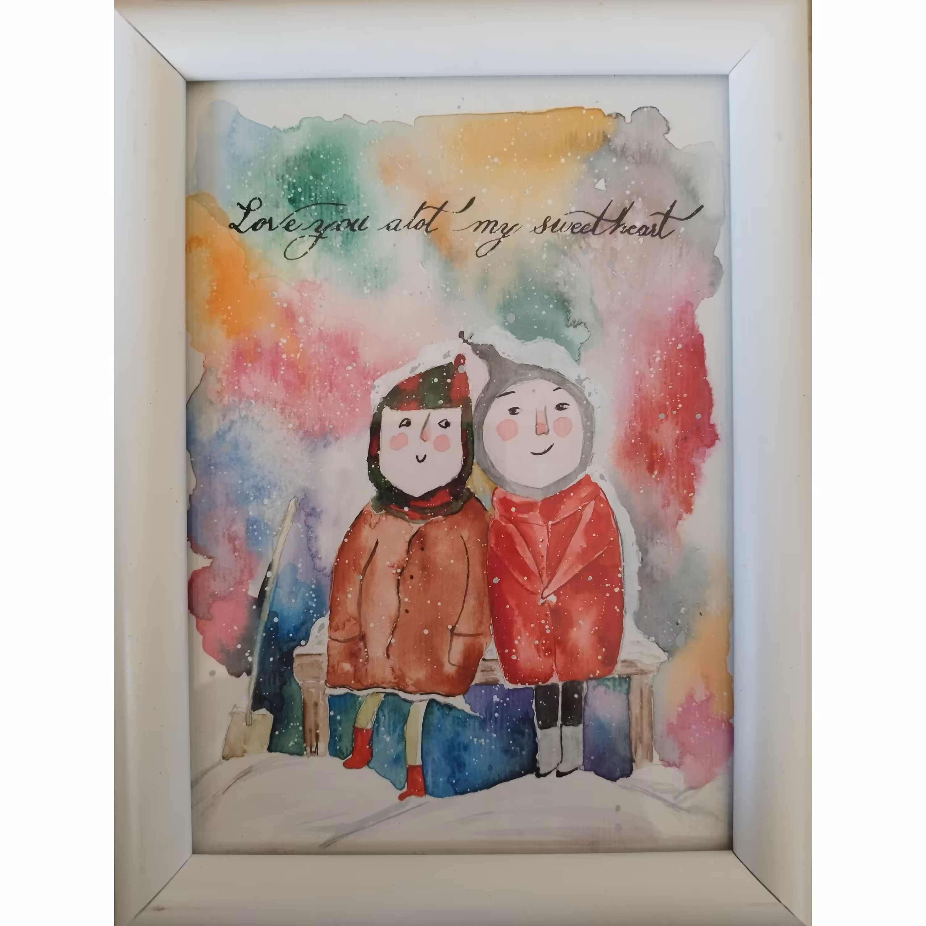 تابلو نقاشی آبرنگی عاشقانه روز برفی 24در 18