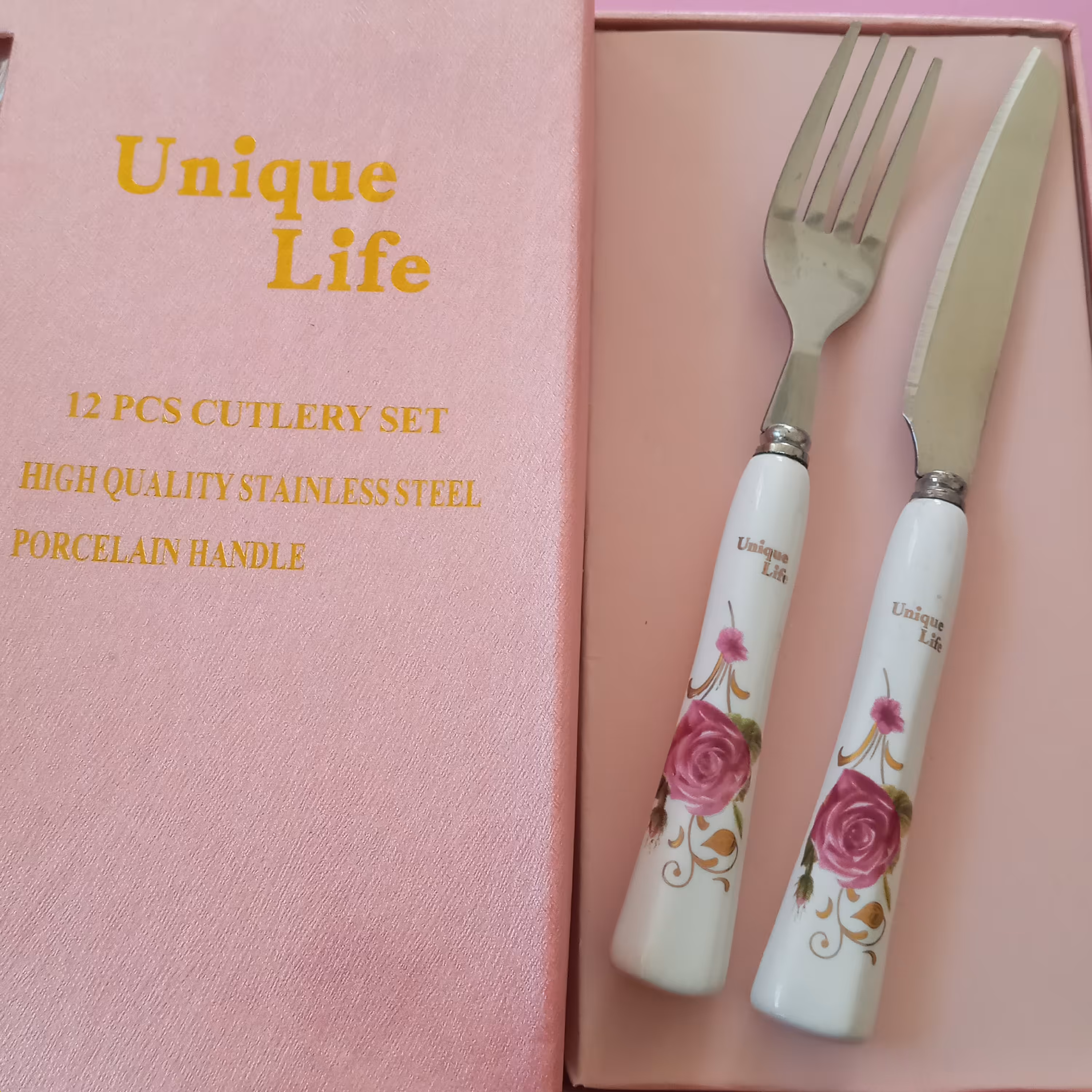 کارد و چنگال سرامیکی مارک یونیک لایف 12 عددی 6 عدد کارد و 6 عدد چنگال گل رز 