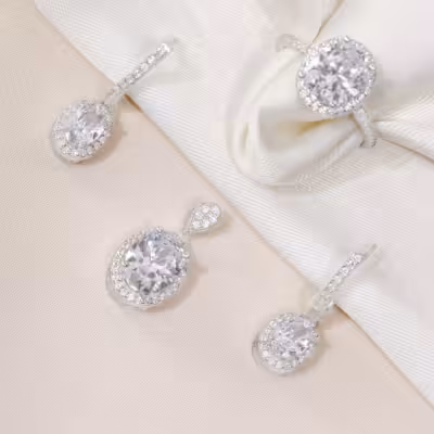 نیم ست نقره تک نگین سفید ظریف و مناسب عروس کد 4830