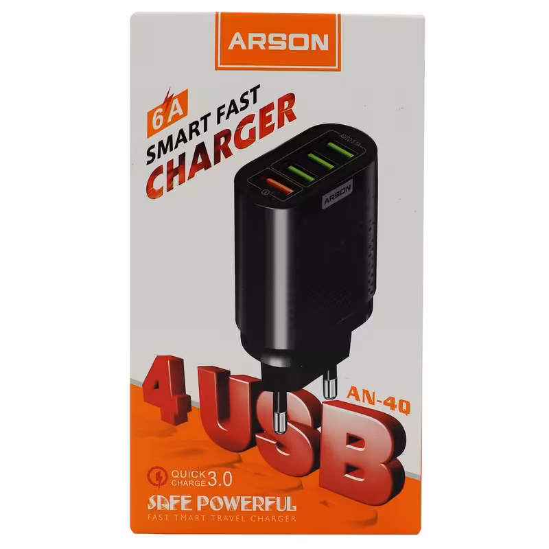 شارژر دیواری آرسون مدل AN-4Q  با قدرت 6 امپر مناسب برای شارژ  تمامی گوشی های موبایل ایرپاد و ساعت های هوشمند