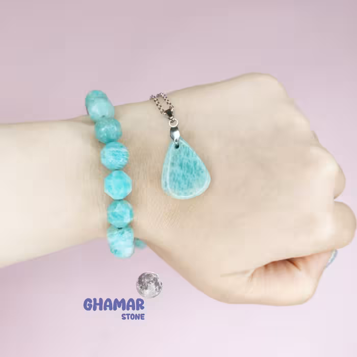 نیم ست دستبند و گردنبند سنگ طبیعی آمازونیت  درجه AAAبا زنجیر استیل