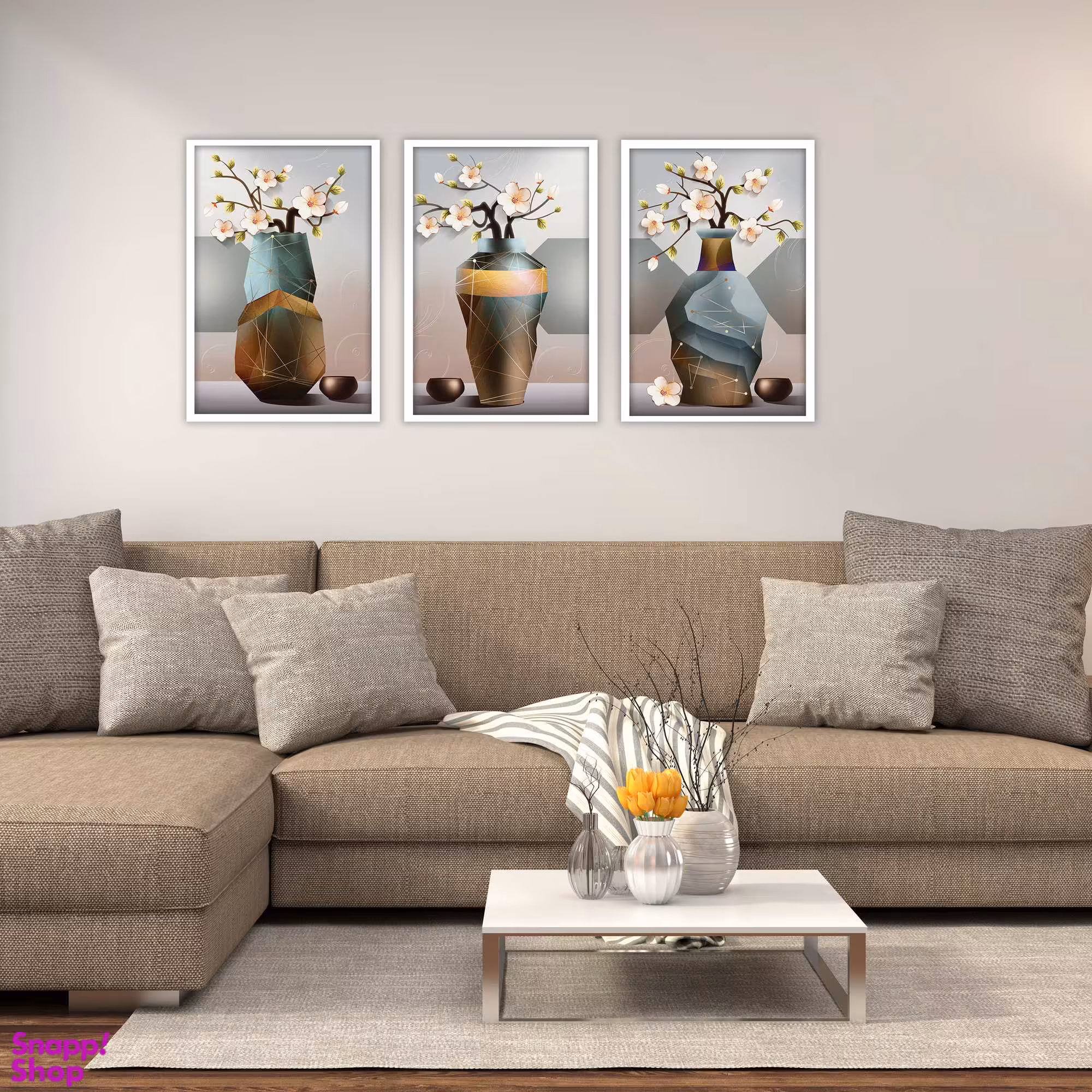 تابلو بکلیت طرح نقاشی مدرن گلدان و گل مدل W-1889 مجموعه 3 عددی