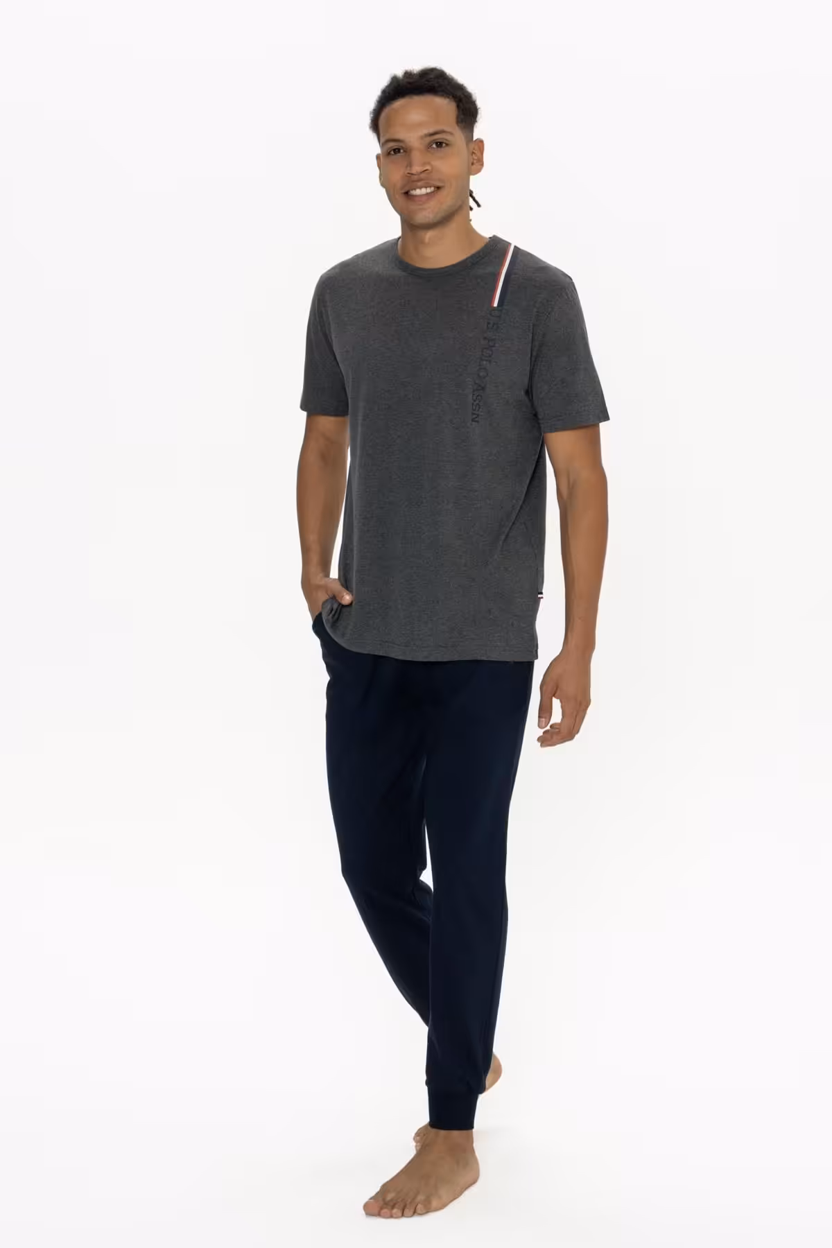 ست پیژامه خاکستری مردانه پایه لباس خواب چوگان با جیب باریک پراچا یقه دوچرخه مجموعه U.S. Polo Assn.