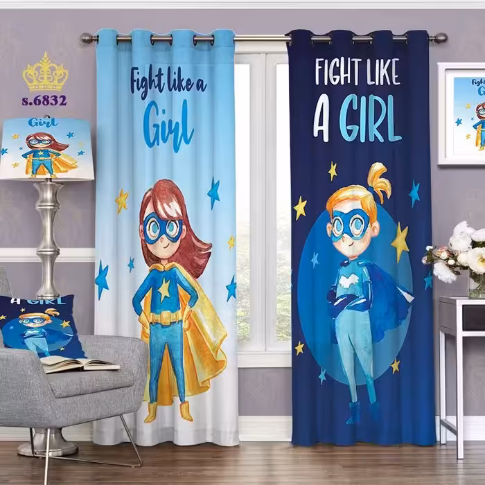 پرده اتاق خواب کودک دخترانه دو قواره پانچ طرح دختر مبارز کد S6832