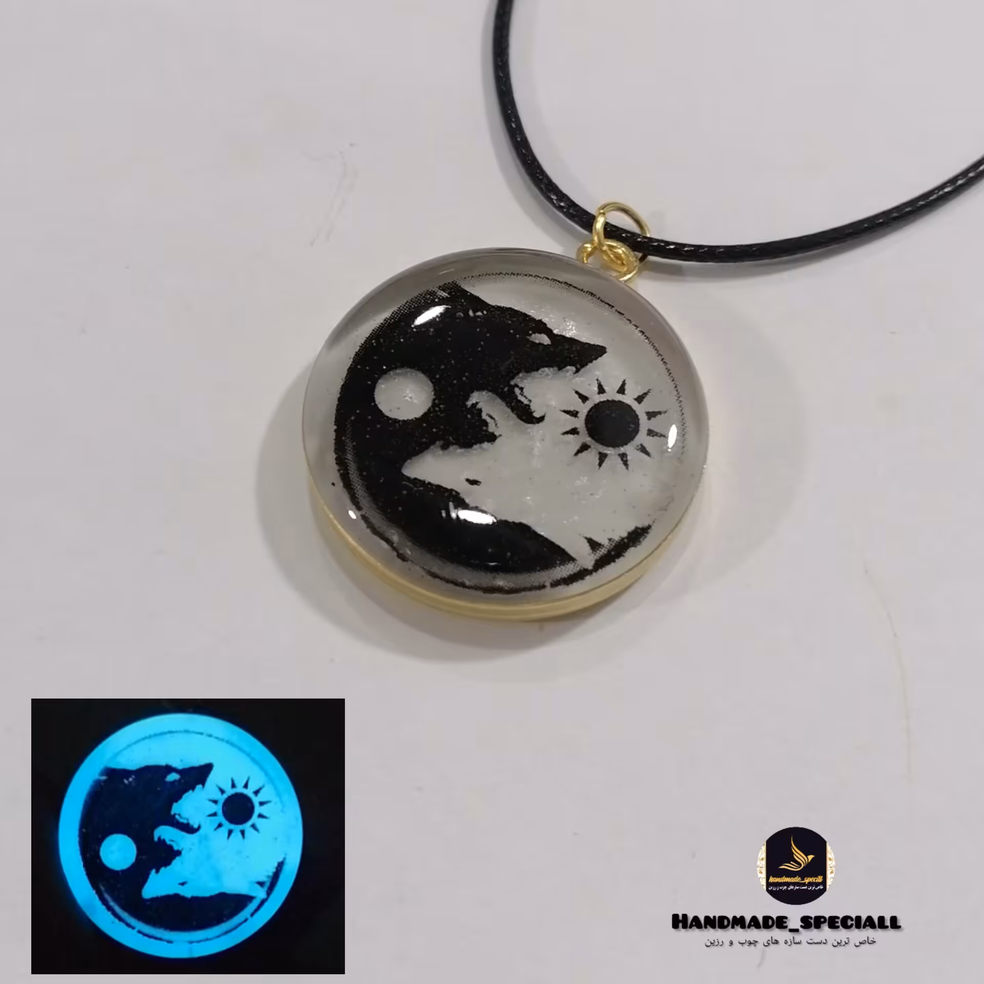 گردنبند شب تاب قاب برنجی(دستساز) خاص ترین دست سازه های چوب و رزین هدیه ماندگار و خاص آویز شب تاب
