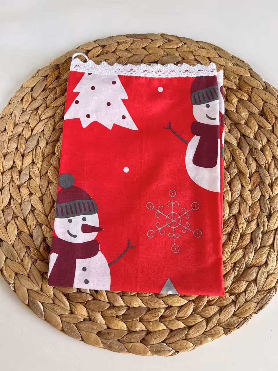 دستمال آشپزخانه دور دانتل کریسمسی- طرح آدم برفی