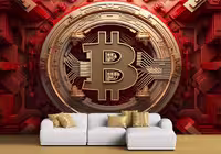 پوستر سه بعدی بیتکوین رنگ قرمز طلایی برای آموزشگاه ارز دیجیتال HQ-1536