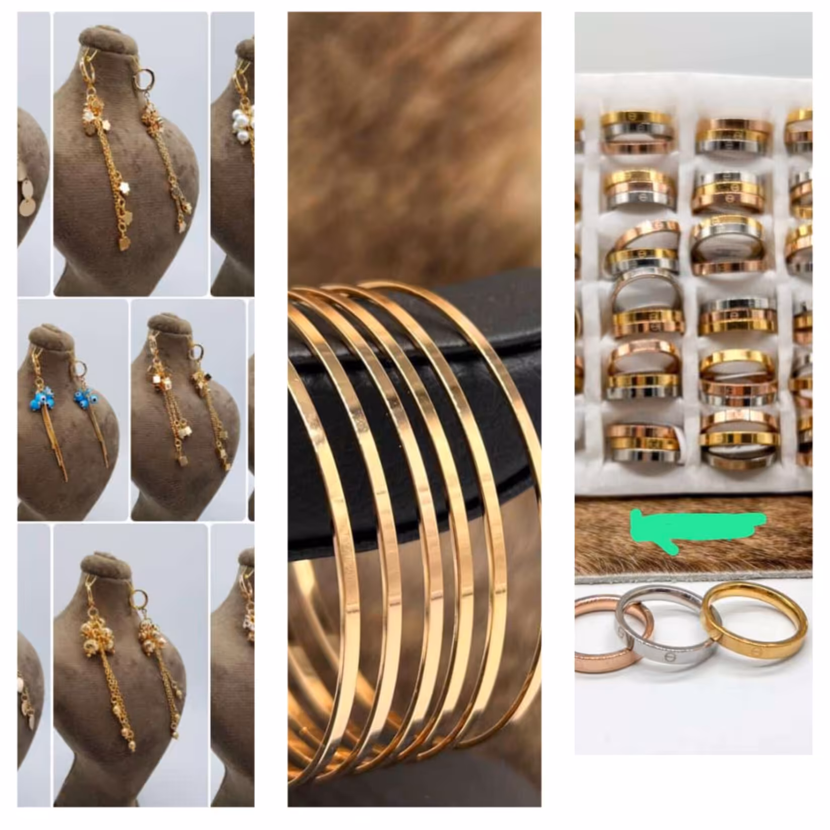 پک زیوالات جدید فوق العاده شیک حلقه سه عددی رینگ  گوشواره آویزدار و پک شش عددی النگو اینه ایی