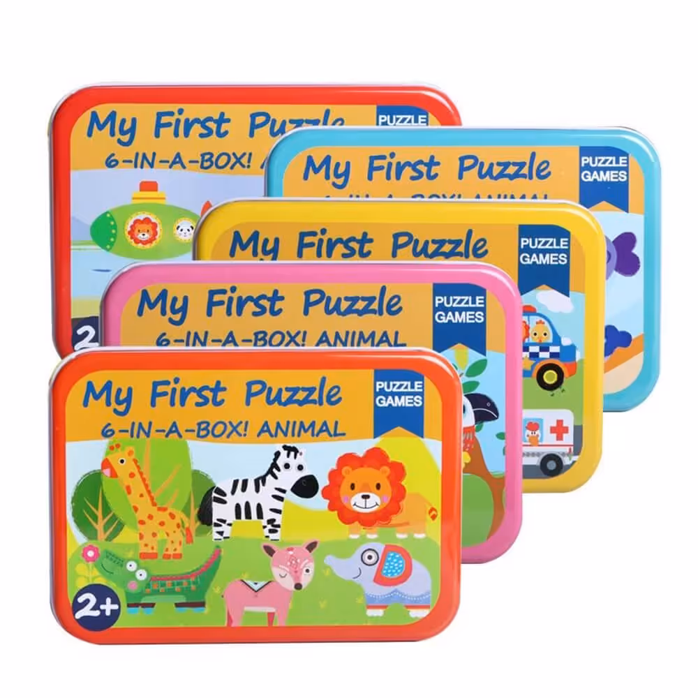 پازل چوبی جعبه فلزی 6 طرح در هر بسته بسیار با کیفیت