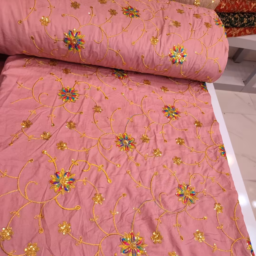 پارچه نخی طرح گل ابریشم پولک دوزی