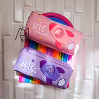 رنگ صورتی جامدادی 2 زیپ جا دار طرح موشک اکلیلی کیفیت عالی